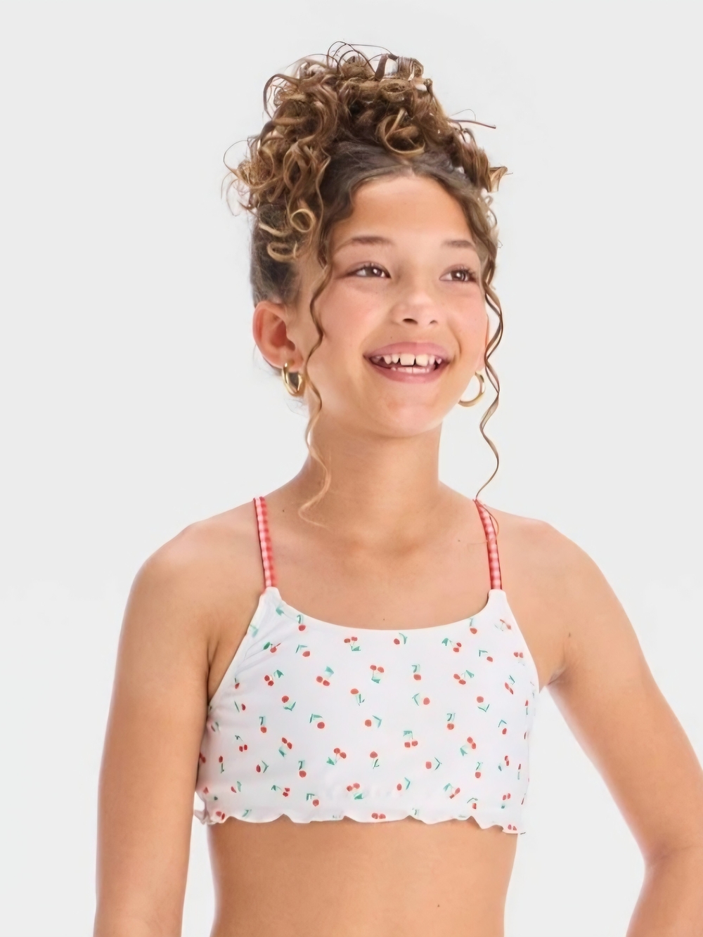 art class White Swim Crop Top with Red Cherry Print and Pink Straps